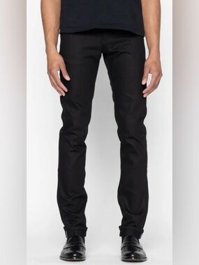 Naked & Famous Men's Solid Black Button Up Fly Selvedge Slim Fit Jeans Size 30